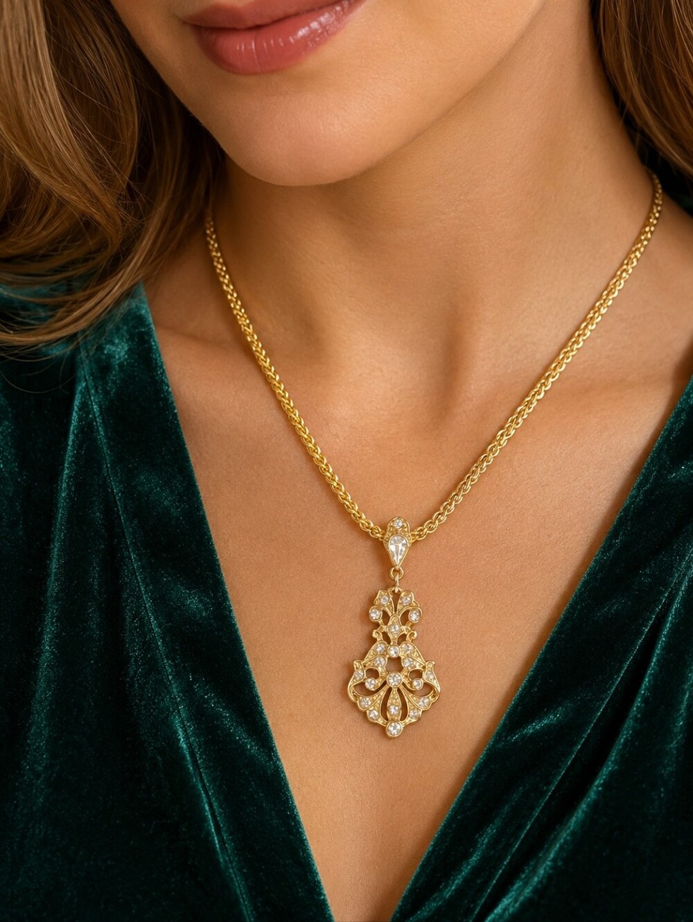 Vintage Gold Tone Rhinestone Lavaliere Pendant Necklace, Intricate Scrollwork